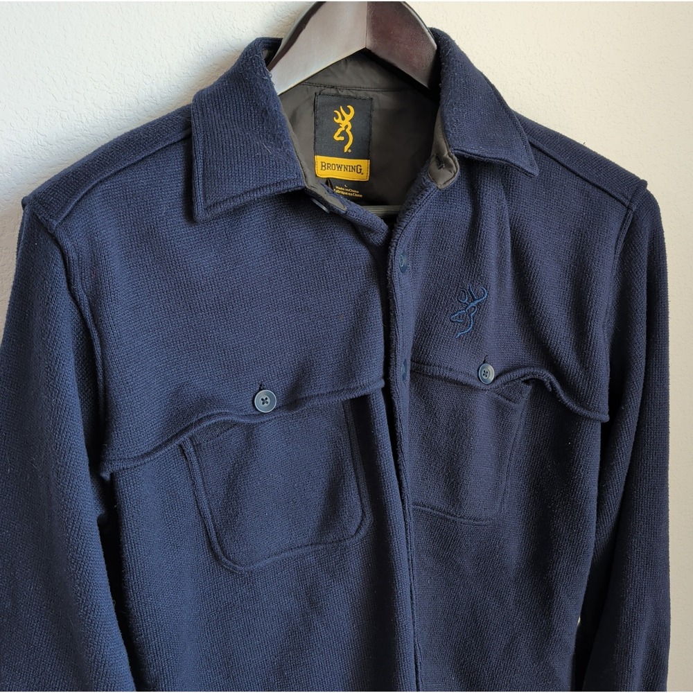 Browning Mens Sweater Fleece Shirt Jacket Large L Navy Blue Buckmark Shacket